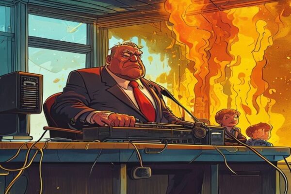 Cartoon radio host in air-conditioned studio arguing against school closures in the heat