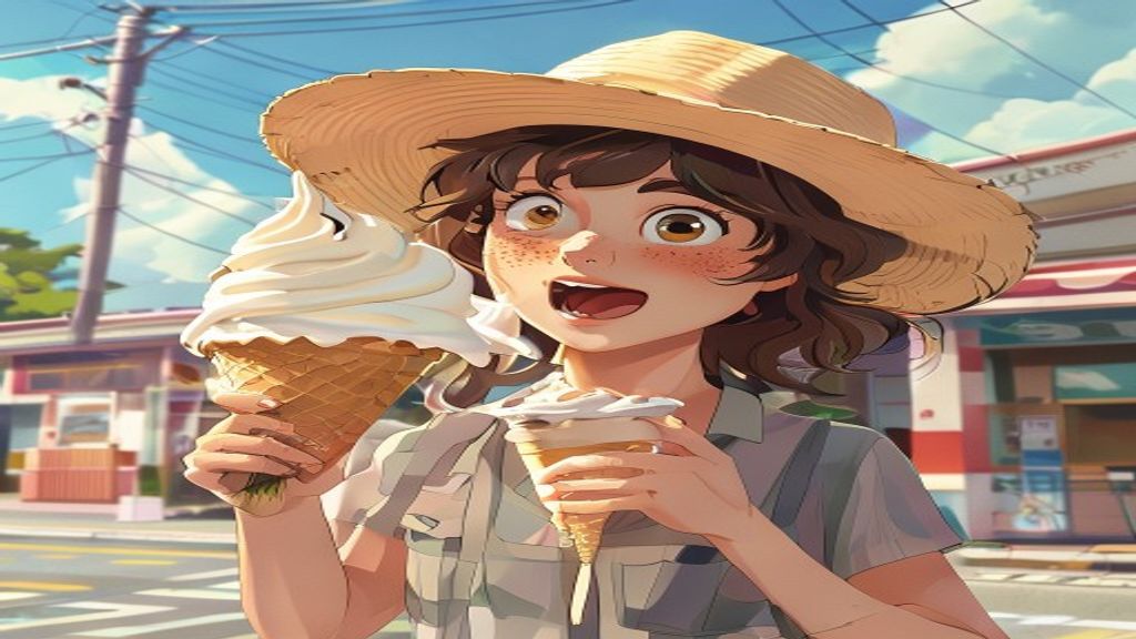 Cartoon tourist holding oyster ice cream Japan soft-serve cone with soy sauce drizzle
