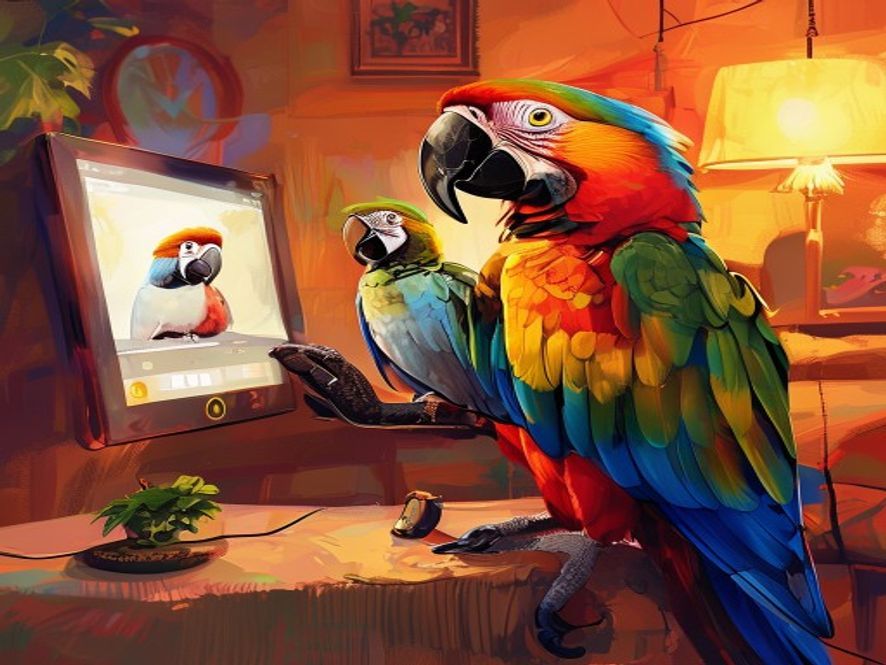 A colourful parrot making a video call on a tablet — parrots making video calls