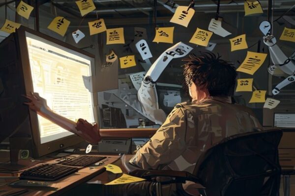 Confused office worker surrounded by password chaos while a robot despairs, password stupidity strikes again