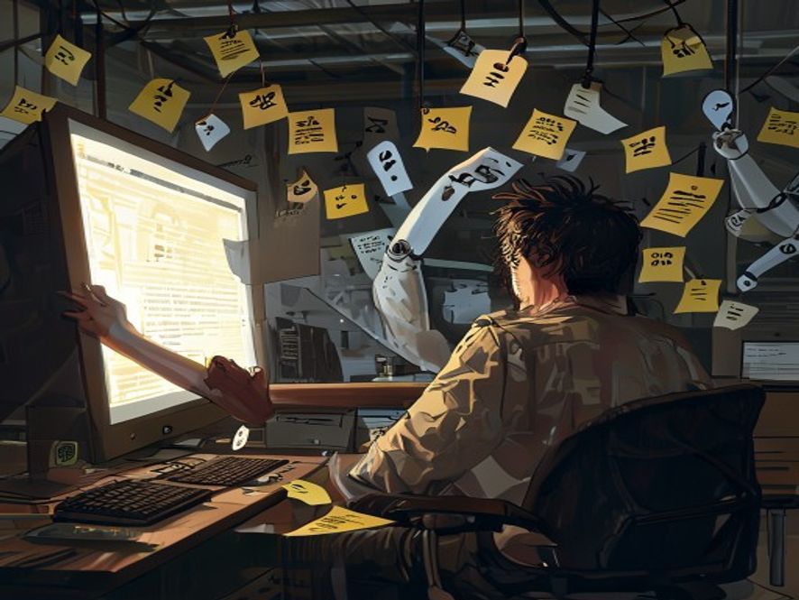 Confused office worker surrounded by password chaos while a robot despairs, password stupidity strikes again