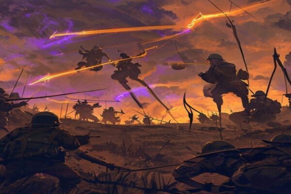 Glowing phantom archers of Mons floating above WWI trenches firing spectral arrows