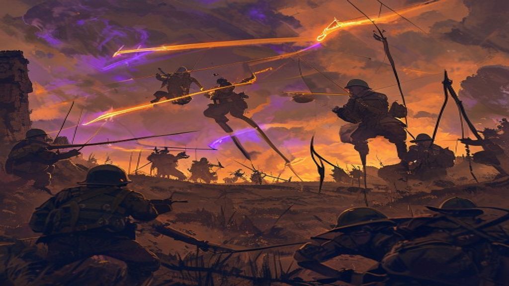 Glowing phantom archers of Mons floating above WWI trenches firing spectral arrows