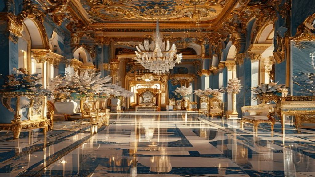 Opulent palace interior representing Qatar maids Cinderella palaces with gold antiques and chandeliers