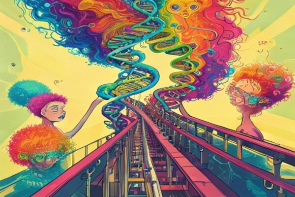 Whimsical illustration of a DNA factory producing people with rare human genetics traits