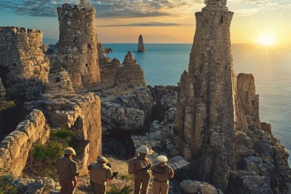 Sardinia ancient stone towers rising dramatically against a Mediterranean blue sky