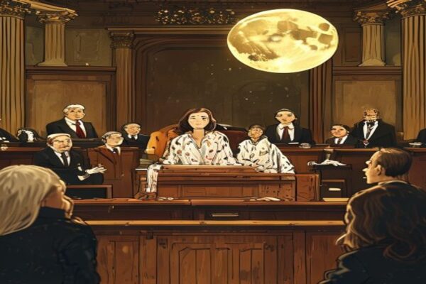 Cartoon courtroom scene illustrating a sexsomnia defence rape case
