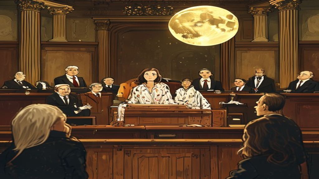 Cartoon courtroom scene illustrating a sexsomnia defence rape case