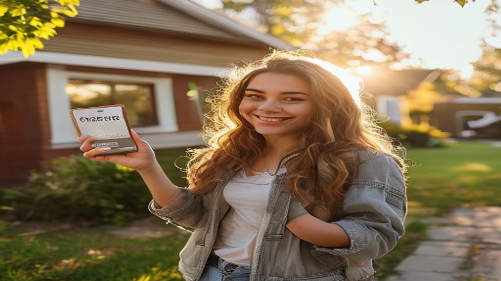 Woman posing with sold sign outside house illustrating sold sign selfie danger