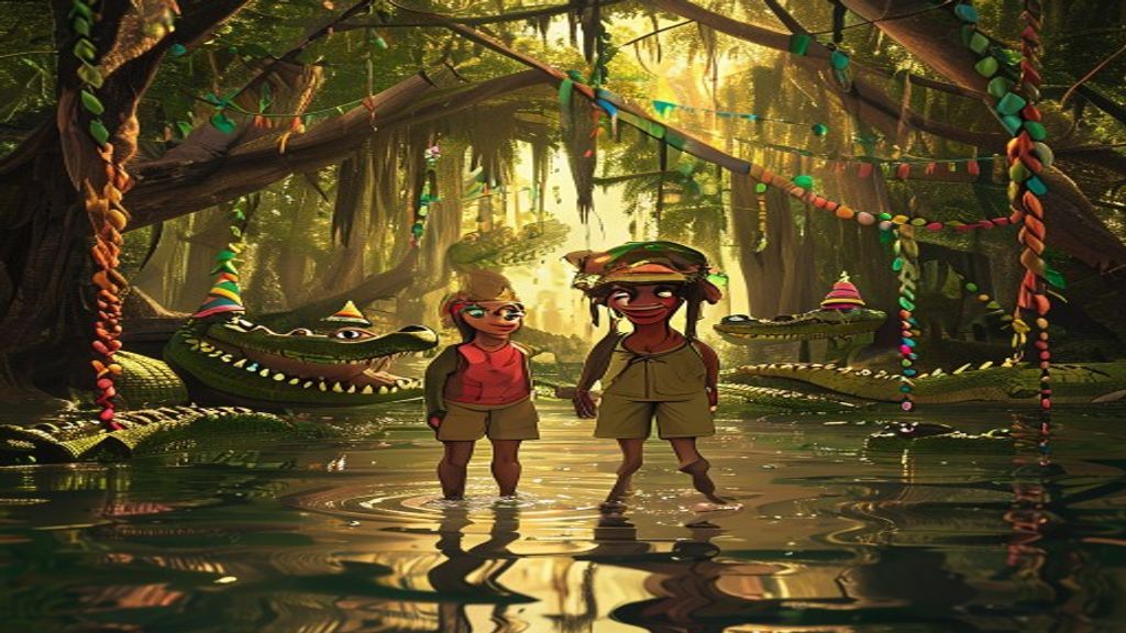 Cartoon tourist surrounded by alligators in a Southwest Louisiana bayou