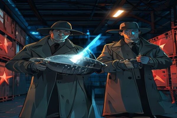 Cartoon spies carrying a silver probe in the Soviet space heist