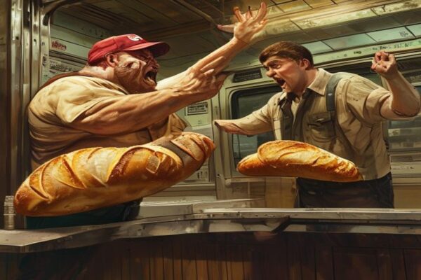 Middle-aged man confronting sandwich worker over stale bread battery incident