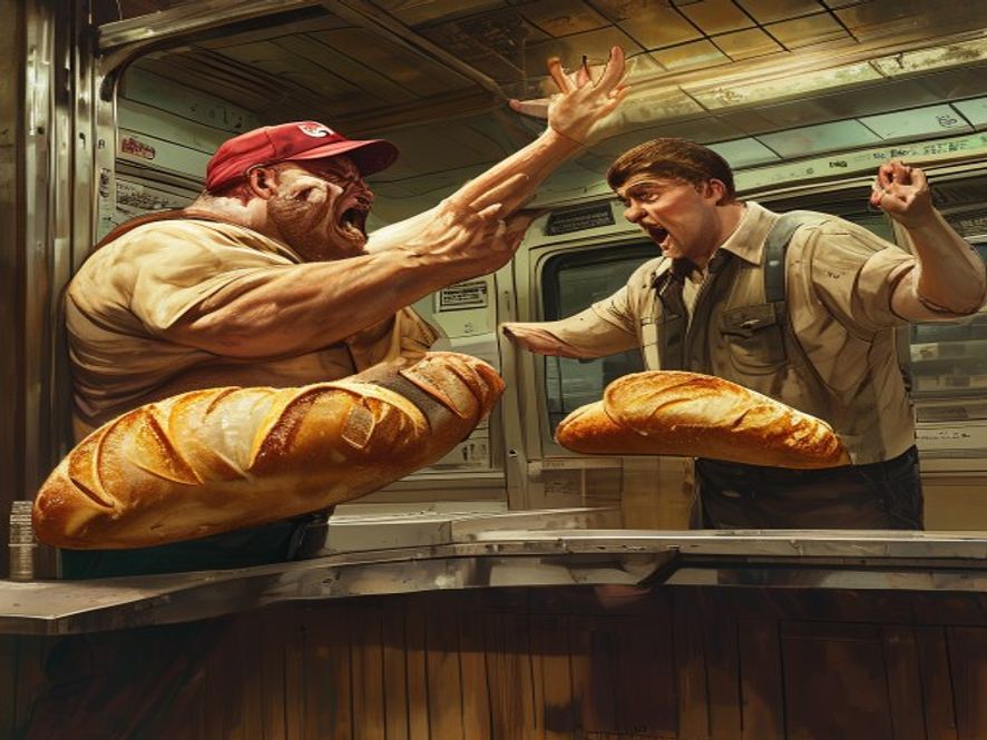 Middle-aged man confronting sandwich worker over stale bread battery incident