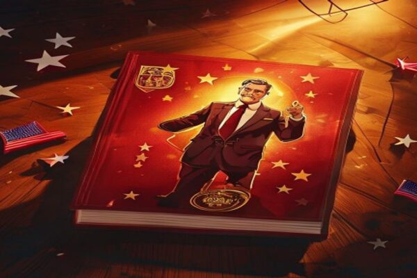 Cartoon of a novelty Trump passport design featuring a suited man on the cover