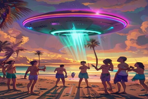 Cartoon of a UFO over Redondo Beach with confused beachgoers pointing at the sky
