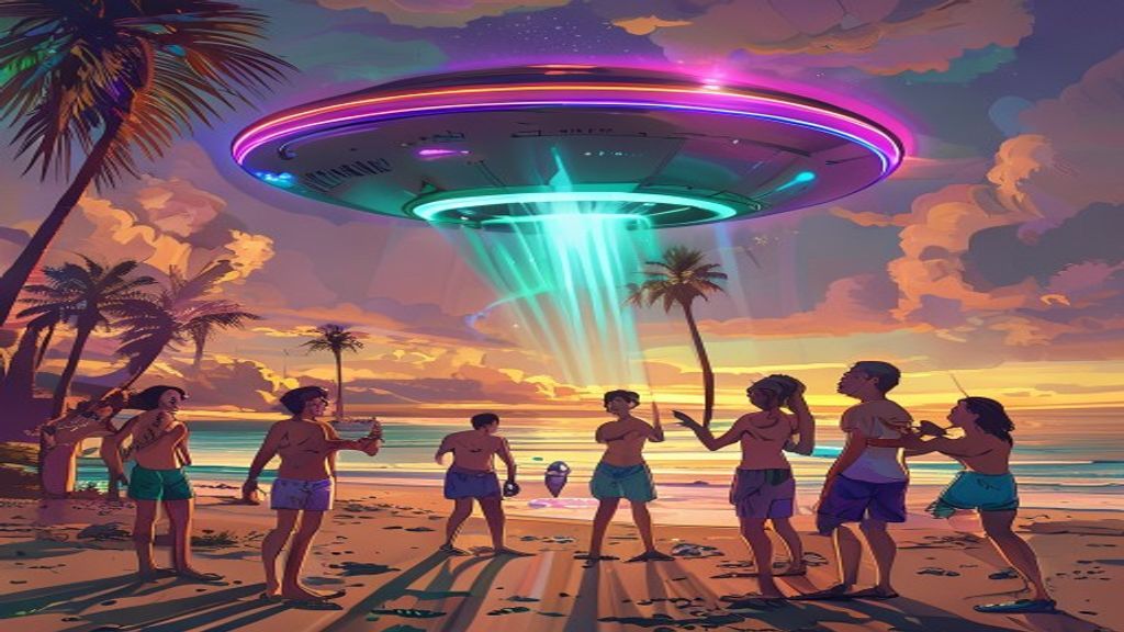 Cartoon of a UFO over Redondo Beach with confused beachgoers pointing at the sky