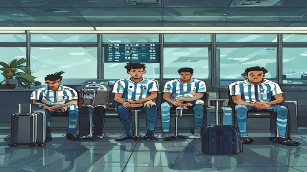 Cartoon of footballers at airport after Uruguay World Cup flight cancellation