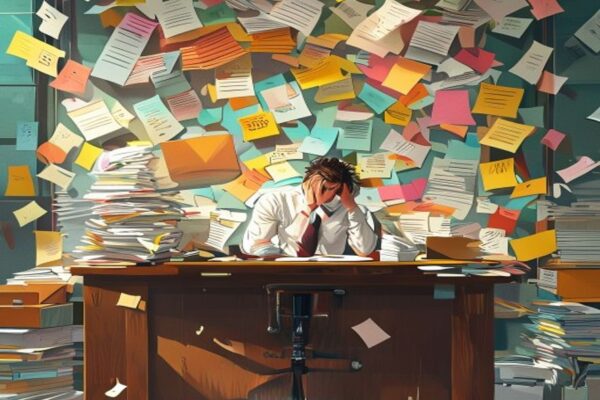 Frazzled manager overwhelmed by weird employee complaints at chaotic office desk
