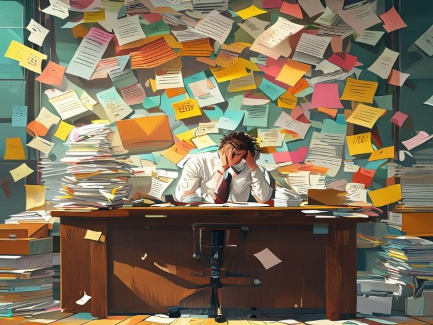 Frazzled manager overwhelmed by weird employee complaints at chaotic office desk