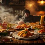 Chaotic British dinner table with absurd food combinations and a sad fish finger