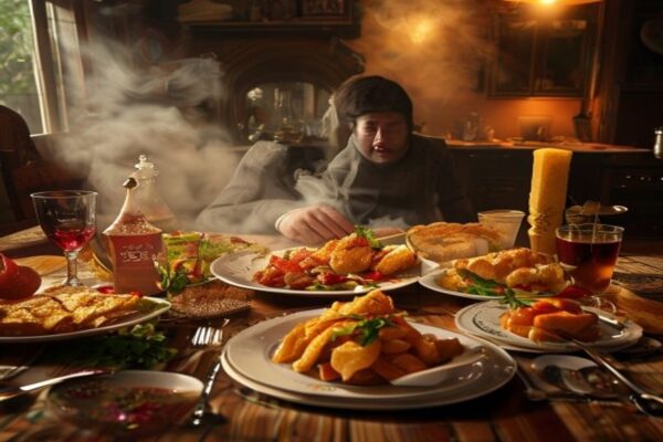 Chaotic British dinner table with absurd food combinations and a sad fish finger