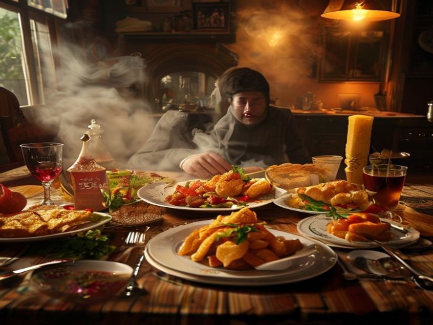 Chaotic British dinner table with absurd food combinations and a sad fish finger