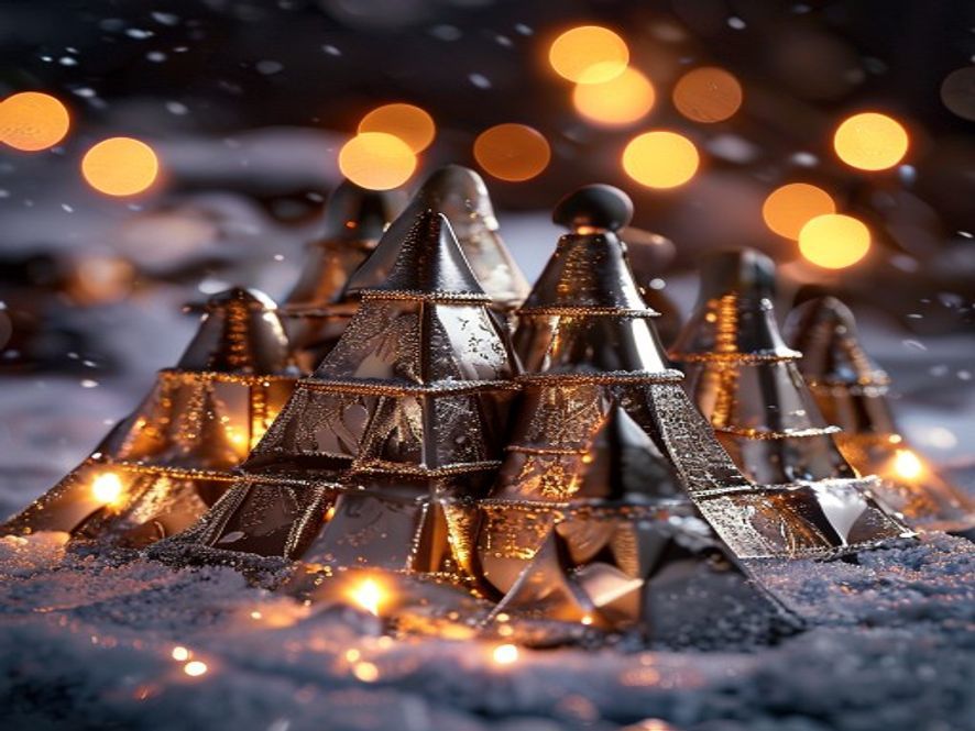 Foil-wrapped chocolate kisses arranged as Hershey's Kisses Christmas bells in festive setting