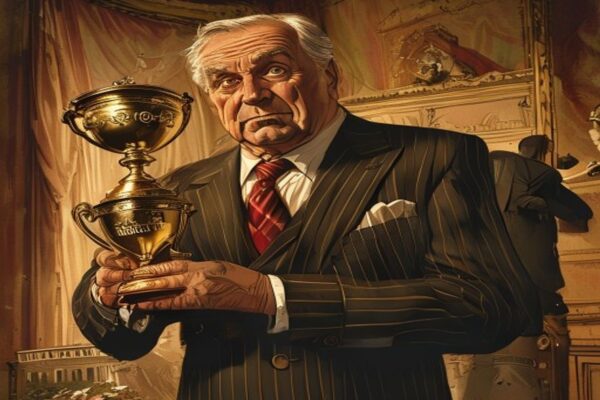 Two suited politicians squabbling over a trophy as Tories destroy the country around them