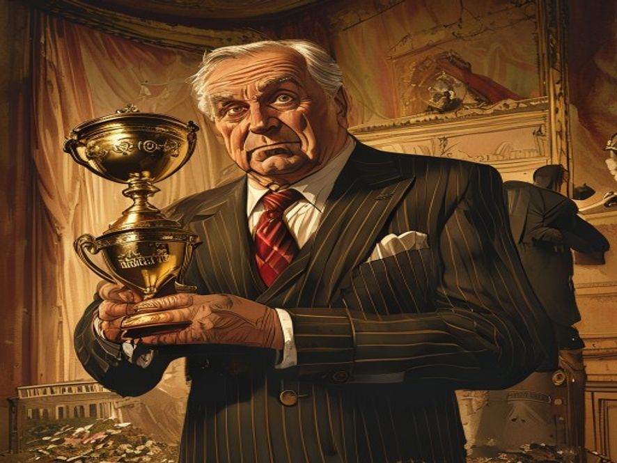 Two suited politicians squabbling over a trophy as Tories destroy the country around them