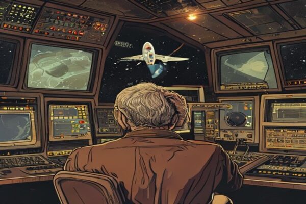 Retro NASA engineer puzzling over the Voyager 1 memory fix at a vintage control panel