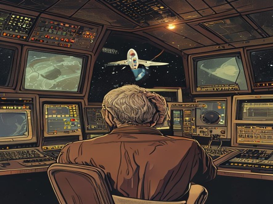 Retro NASA engineer puzzling over the Voyager 1 memory fix at a vintage control panel