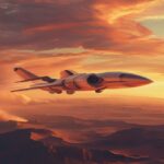 Stubby wingless aircraft gliding over desert in retro aerospace style