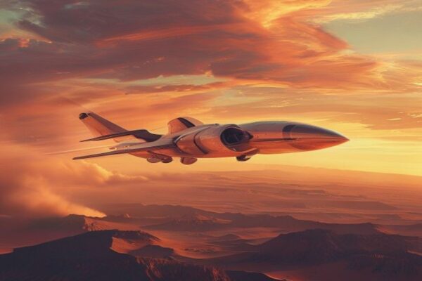 Stubby wingless aircraft gliding over desert in retro aerospace style