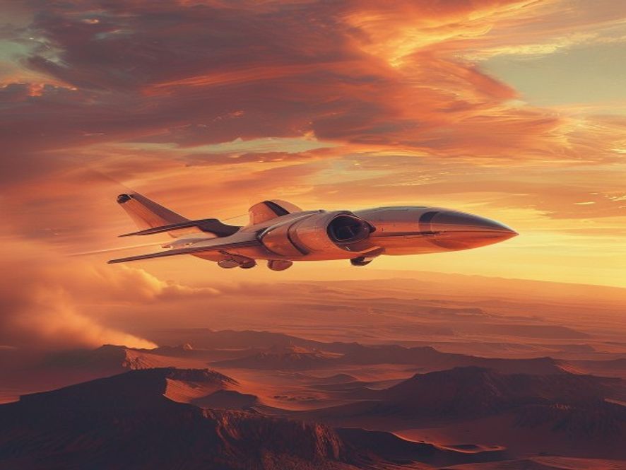 Stubby wingless aircraft gliding over desert in retro aerospace style